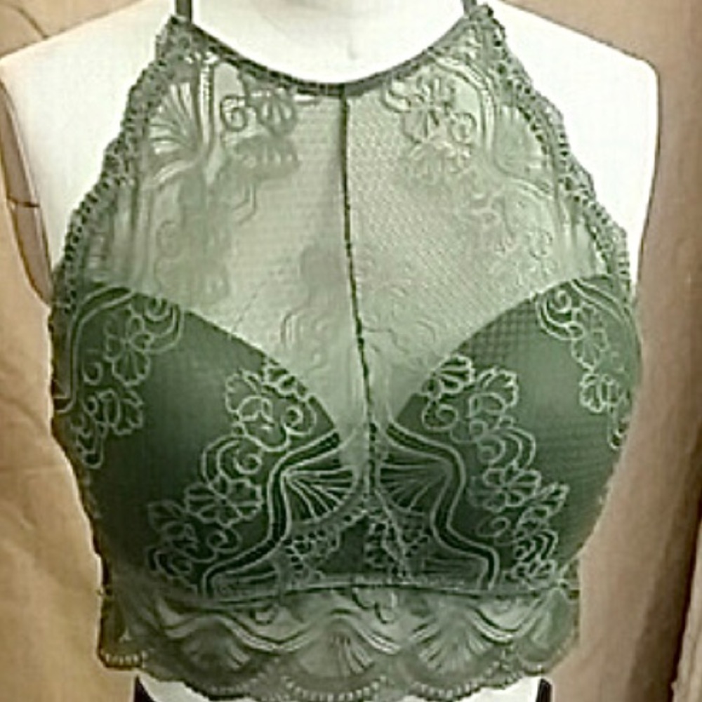 High-neck bra, Lacey, Olive Green